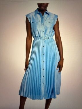 Elie Tahari Natalya blue pleated shirt dress with belt, length 49",NWT